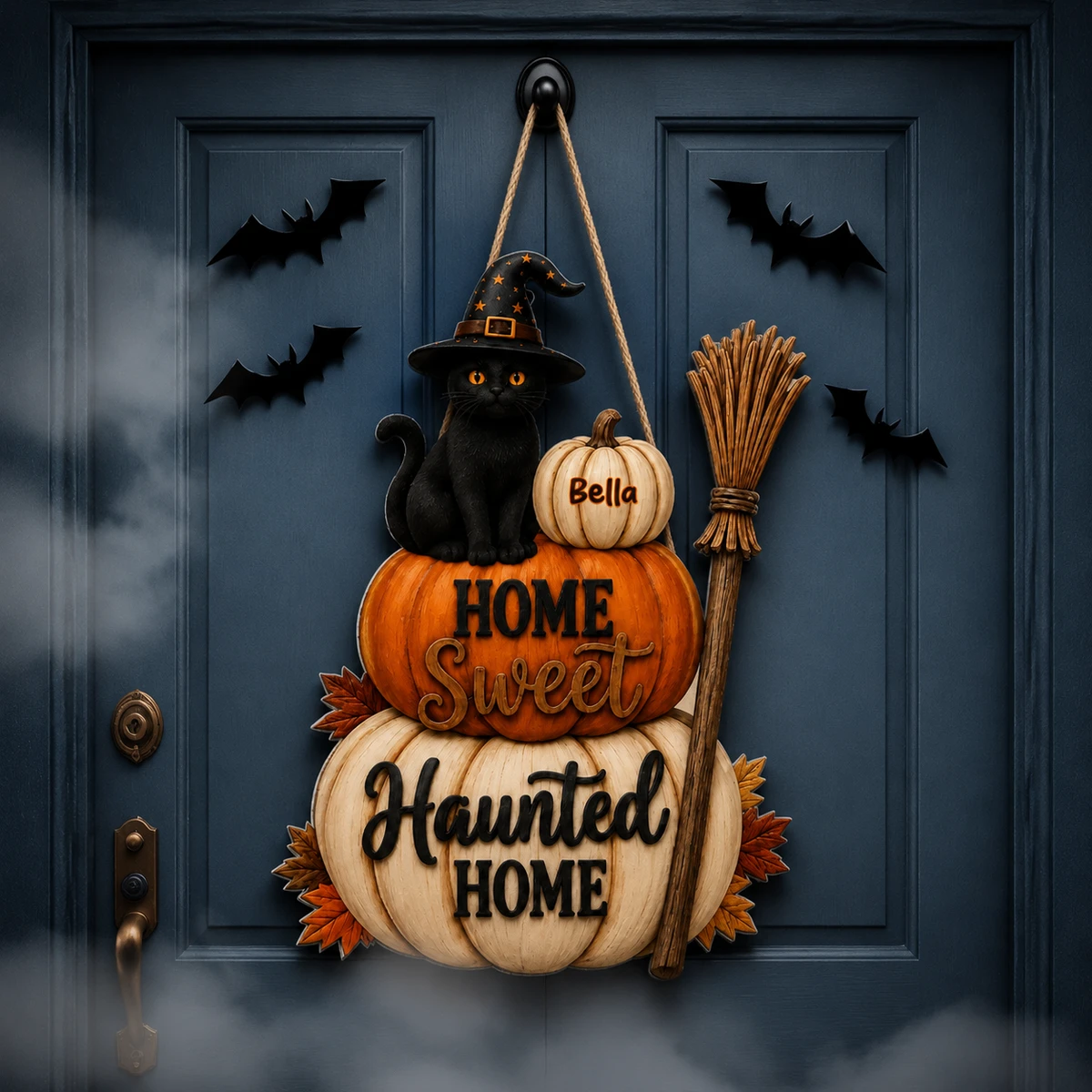 Personalized Cat Halloween Door Sign, Custom Cat Name Pumpkin Door Hanger, Black Cat Witch Hat Decor, Pet Lover Gift, Spooky Home Decoration