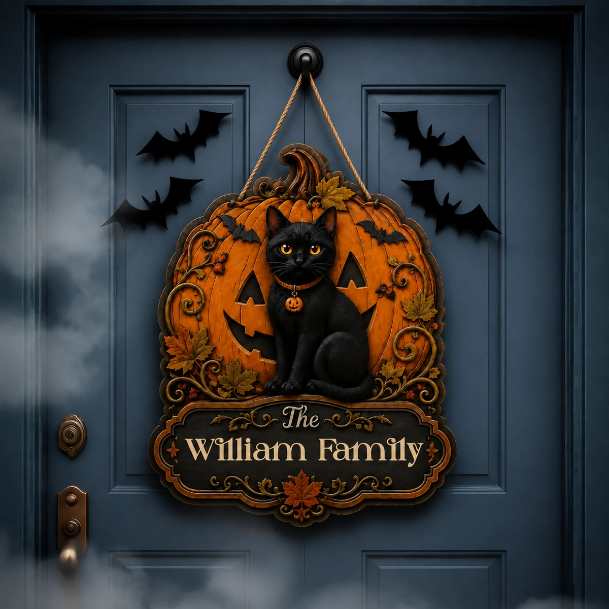 Personalized Orange Cat Halloween Sign, Custom Family Name Door Plaque, Pumpkin & Pet Memorial Style Decor, Unique Cat Lover Gift
