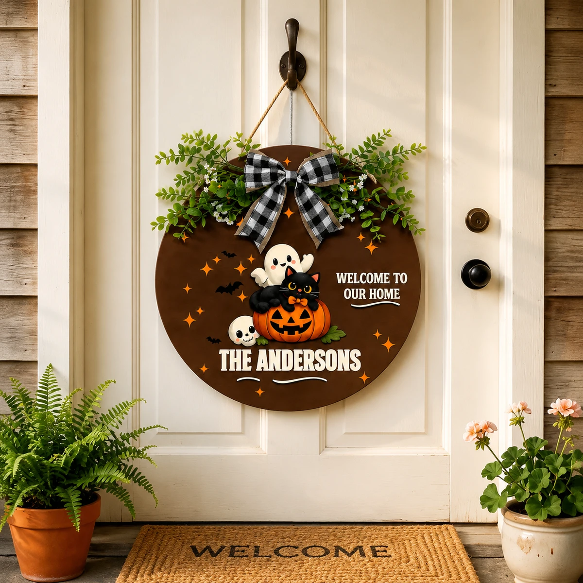 Custom Family Halloween Door Hanger, Personalized Name Ghost Cat Sign, Pumpkin Welcome Home Decor, Spooky Cute Autumn Decoration Gift