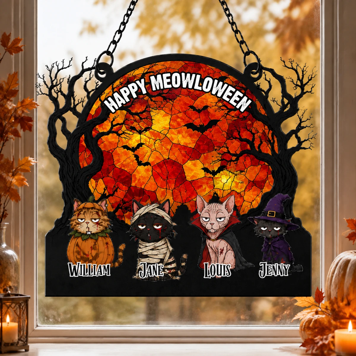Custom Photo Halloween Themed Pet Happy Meowloween, Personalized Window Hanging Suncatcher, Spooky Cat Lover Decor