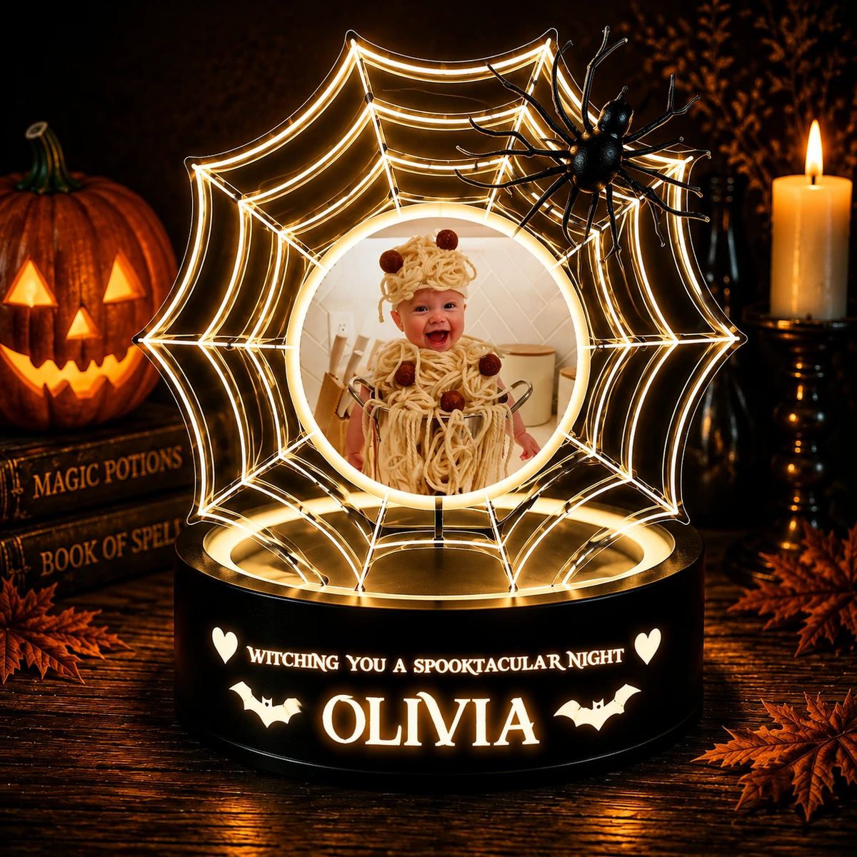 Personalized "Spider Web" Baby Photo & Name Halloween Led Night Light