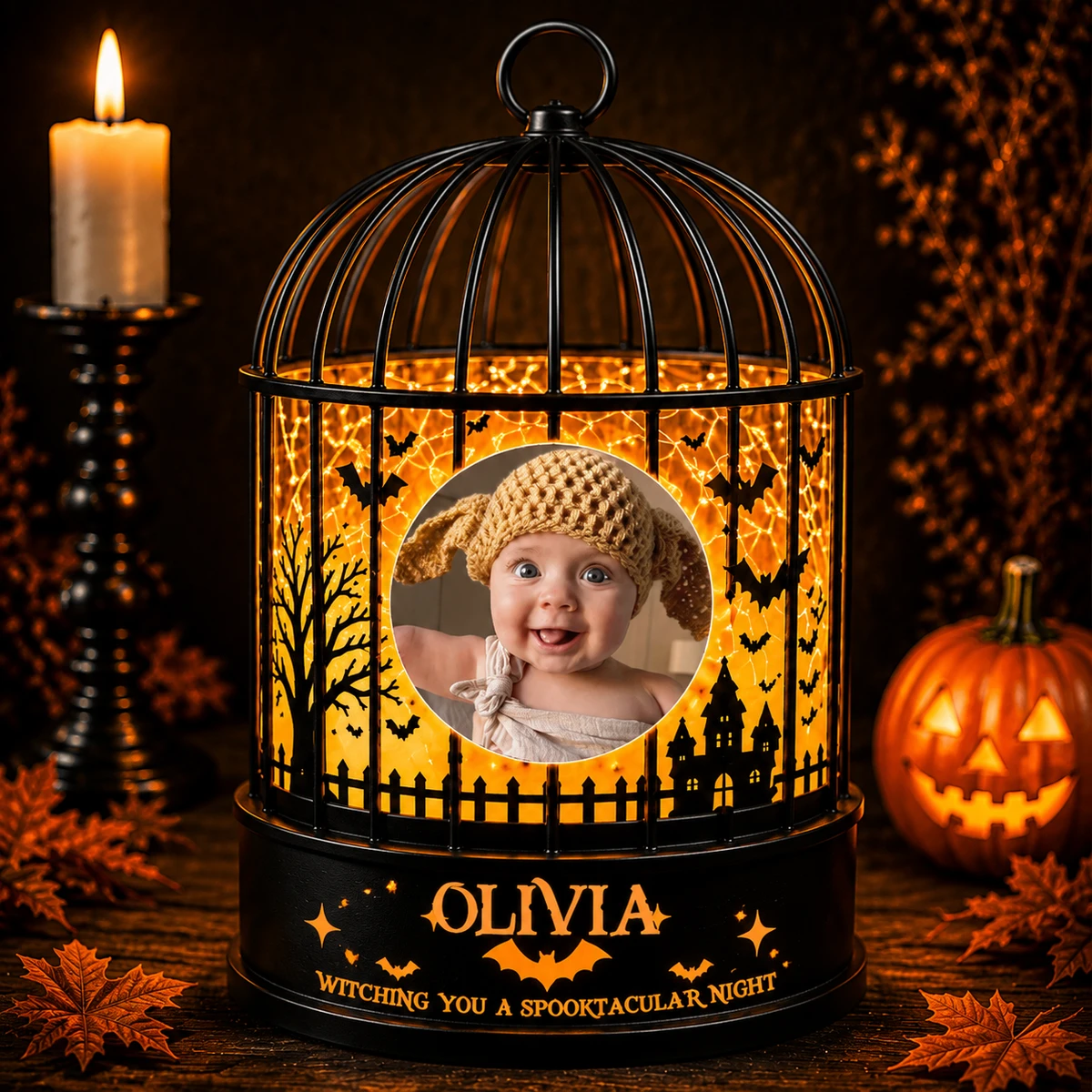 Personalized "Birdcage" Baby Photo & Name Halloween Led Night Light