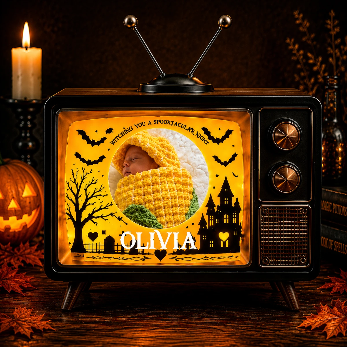 Personalized "Vintage Tv" Baby Photo & Name Halloween Led Night Light