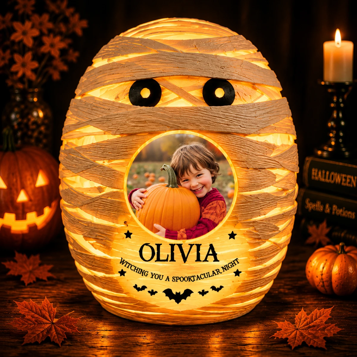 Personalized "Mummy Wrap" Baby Photo & Name Halloween Led Night Light