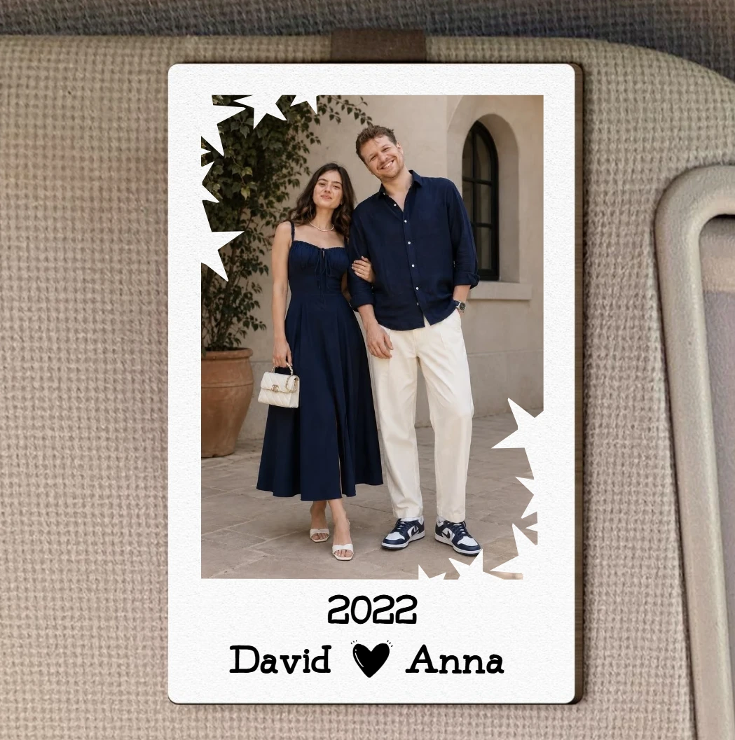 Custom Vintage Retro Couple Photo - Personalized Wooden Photo Car Visor Clip