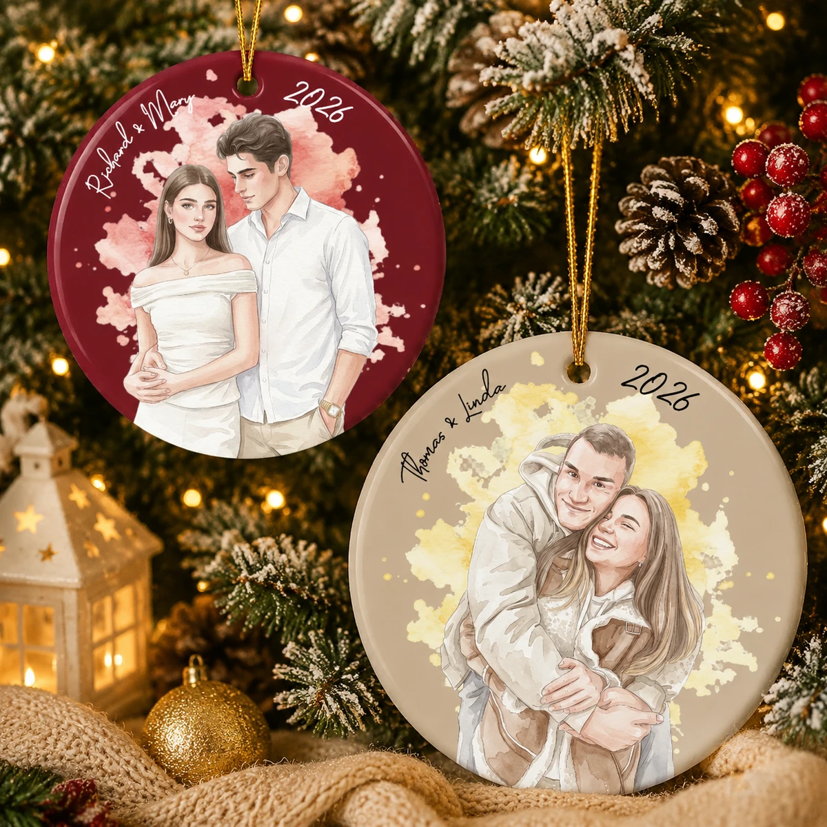 Personalized Ceramic Christmas Ornament Round Shape Custom Photo Couple Portrait Name Watercolor Love Christmas Gift