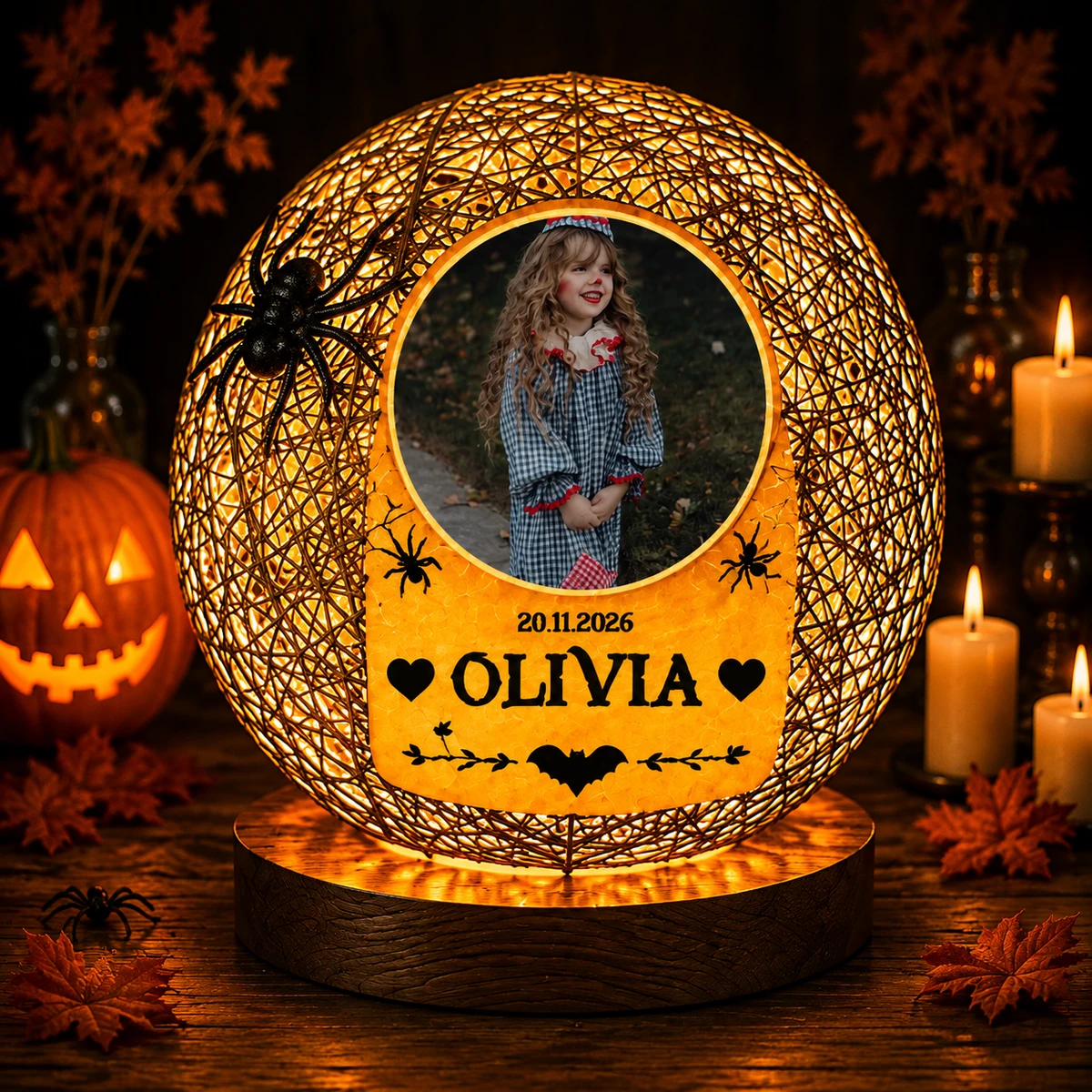 Personalized "Woven Web Globe" Kids Photo & Name Halloween Led Night Light