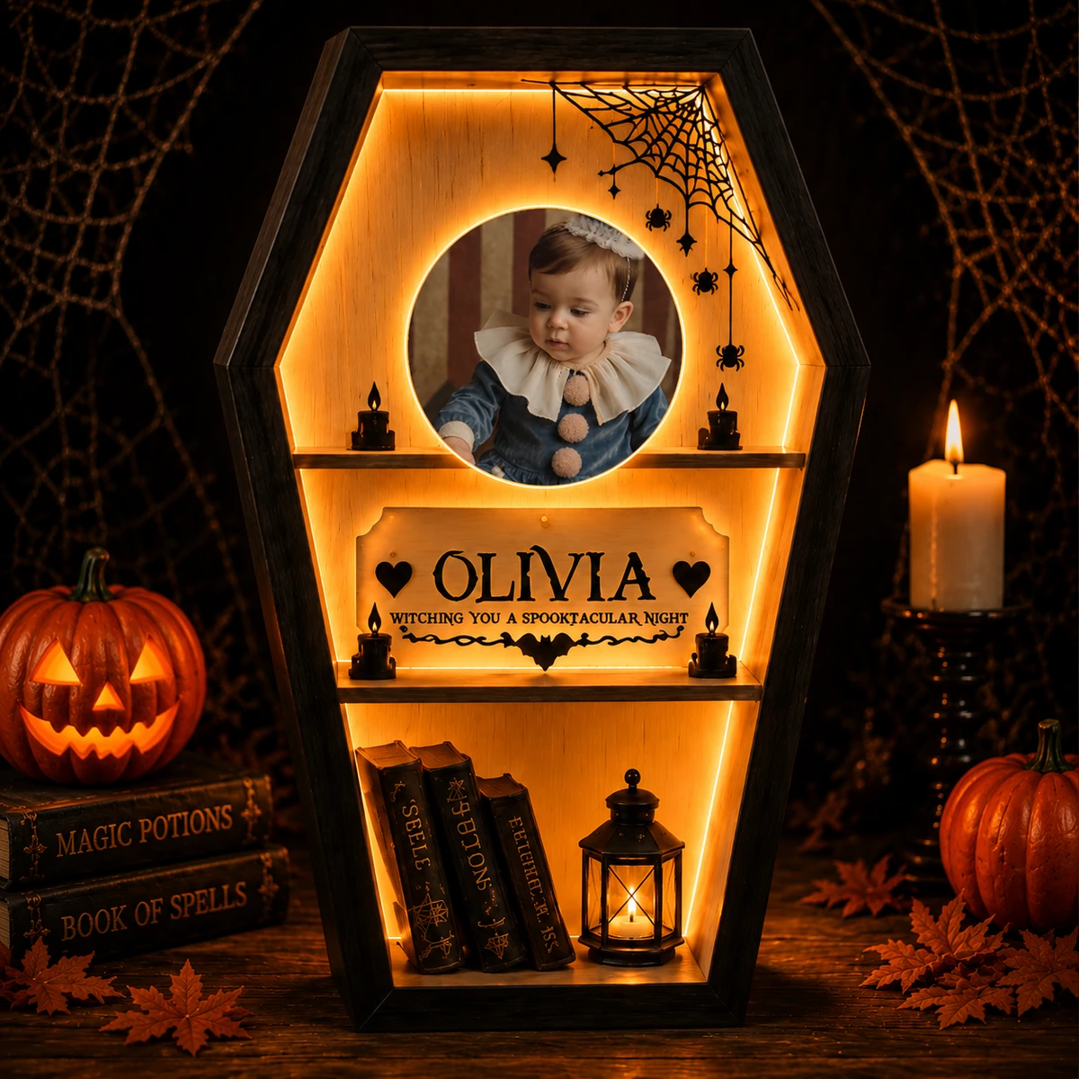 Personalized "Coffin Shelf" Baby Photo & Name Halloween Led Night Light
