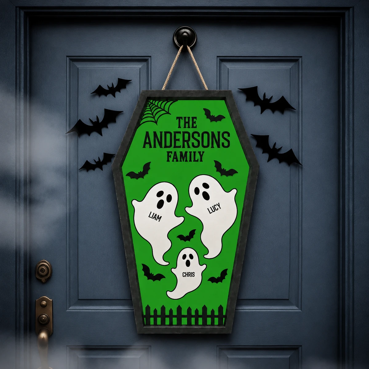 Our Haunted Family Personalized Halloween Sign, Custom Names Ghost Door Decor, Bat Spider Web Plaque, Fun Family Halloween Decoration