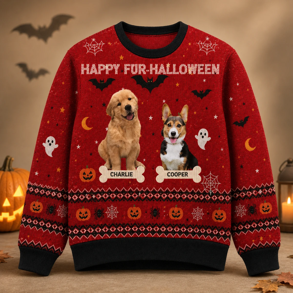Happy Fur Halloween - Custom Portrait Photo And Name Pet Halloween Sweater