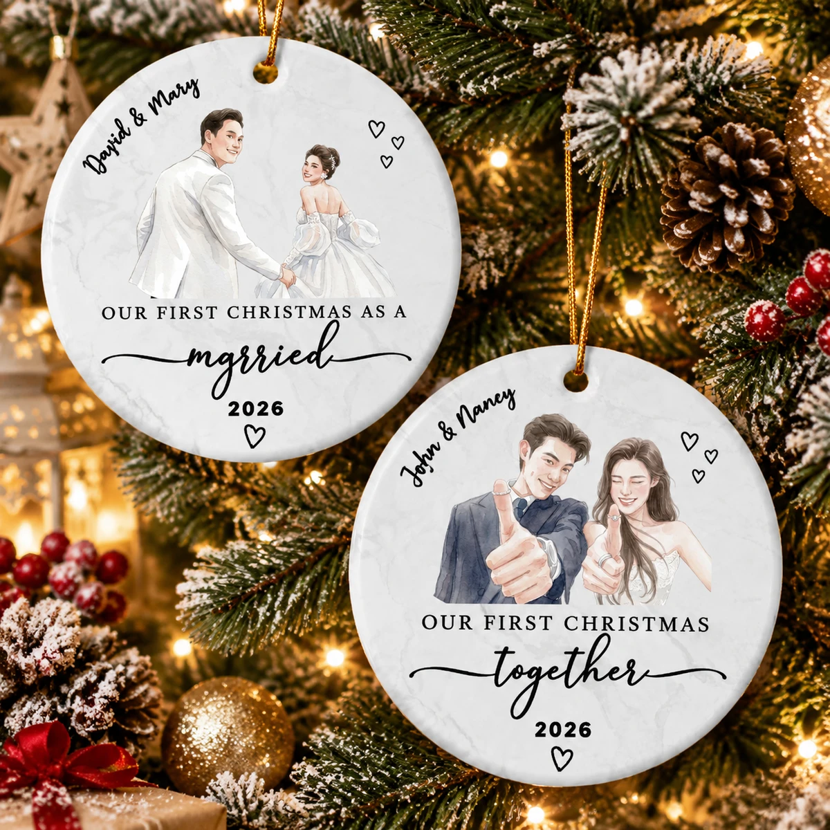 Personalized Ceramic Christmas Ornament Round Shape Custom Photo Couple Names First Christmas Together Marble Love Christmas Gift