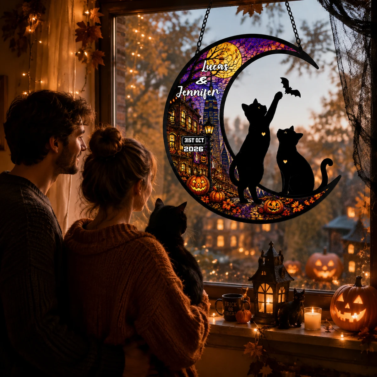Personalized Couple Black Cat Suncatcher, Halloween Decoration, Moon & Pumpkins Window Hanging, Spooky Anniversary Gift