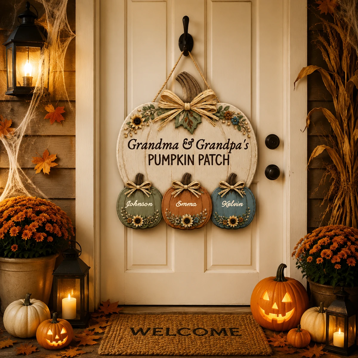 Our Family Pumpkin Patch Personalized Door Sign, Custom Title & Names Hanging Plaque, Rustic Thanksgiving Halloween Decor, Family Gift