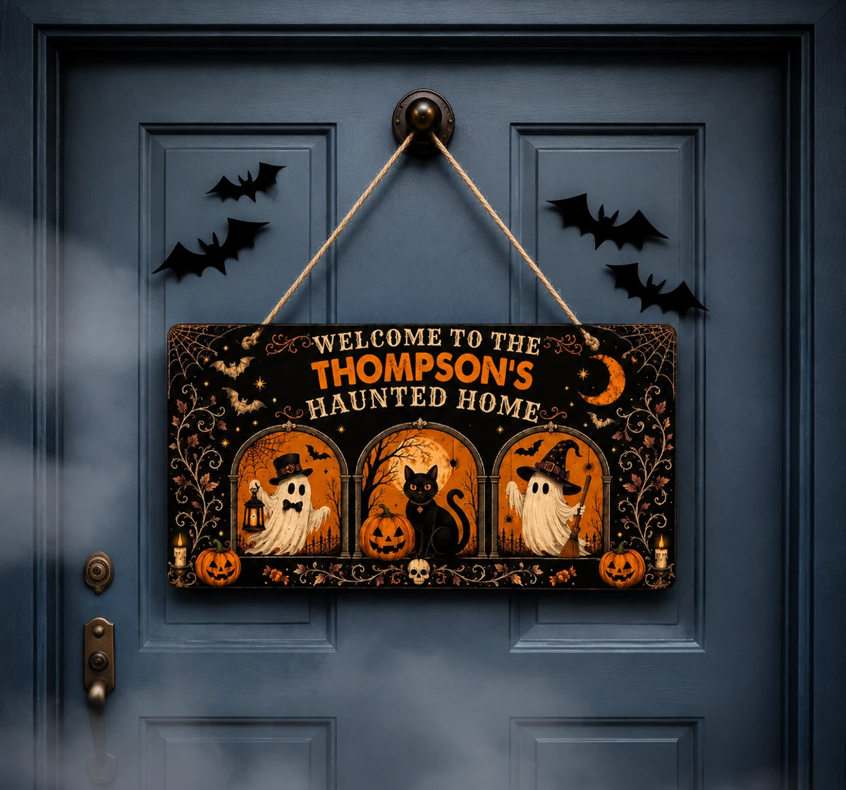 Personalized Halloween Haunted Home Door Sign, Custom Family Name Spooky Mansion Plaque, Ghost Cat Pumpkin Decor, Gothic Front Door Gift