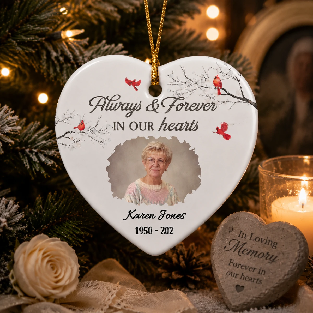 Personalized Ceramic Christmas Ornament Heart Shape Custom Photo Name Memorial Cardinal Bird Always In Our Hearts Christmas Gift