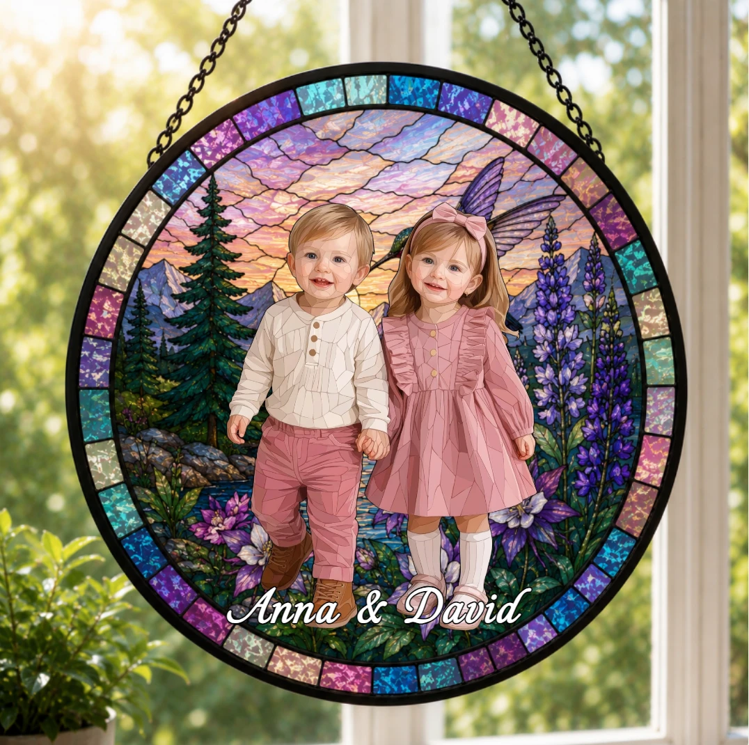 Custom Photo Portrait Family - Personalized Stained Glass Window Hanging Suncatcher