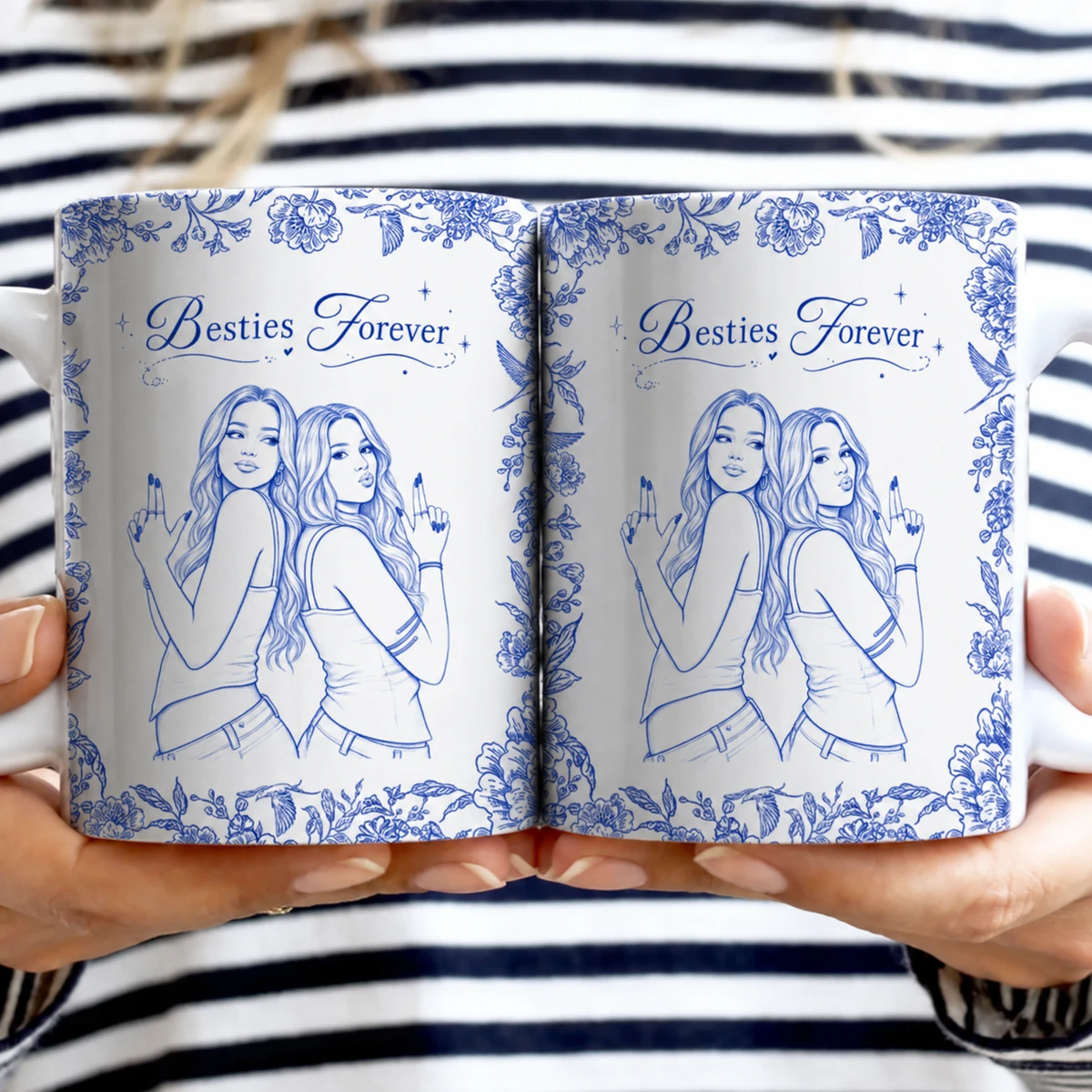 Custom Photo Pencil Sketch A True Friendship Is A Journey Without An End - Personalized White Edge-To-Edge Mug