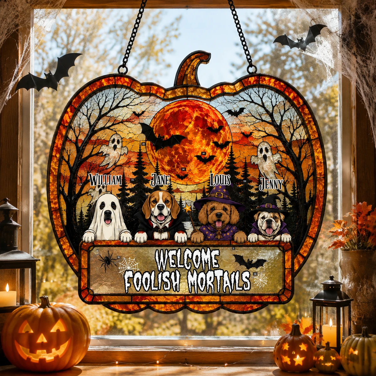 Welcome Foolish Mortals - Personalized Dog Halloween Suncatcher, Spooky Dog Acrylic Window Hanging, Halloween Gift For Dog Lovers