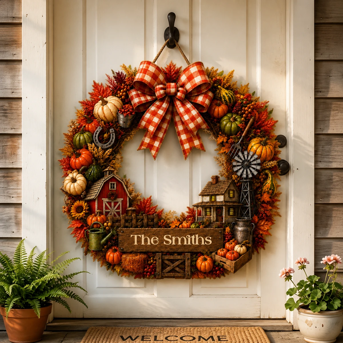 Custom Family Name Fall Wreath Sign, Personalized Autumn Door Hanger, Pumpkin Harvest Farmhouse Decor, Cozy Front Door Decoration Gift