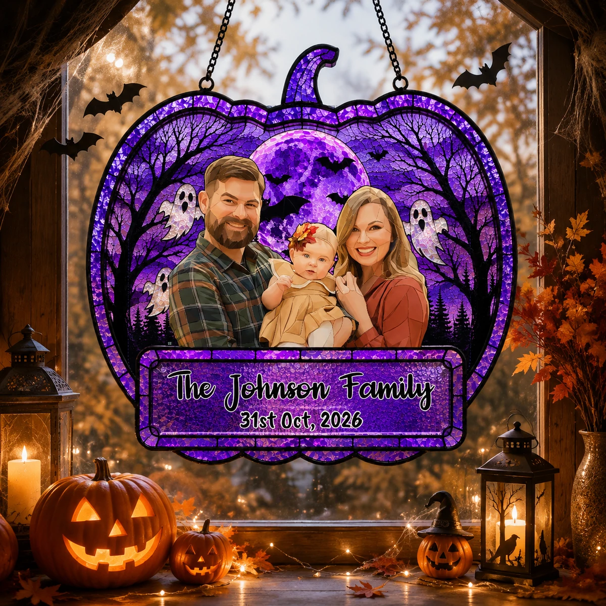 Custom Family Photo Pumpkin Suncatcher, Spooky Purple Halloween Window Hanging, Personalized Family Keepsake, Gothic Decor Gift