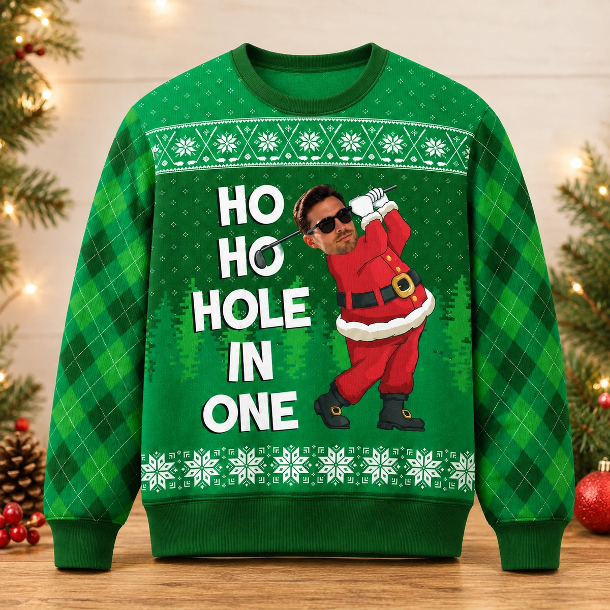 Golf Santa Ho Ho Hole In One Sweatshirt - Personalized Custom Face Christmas Ugly Sweatshirt