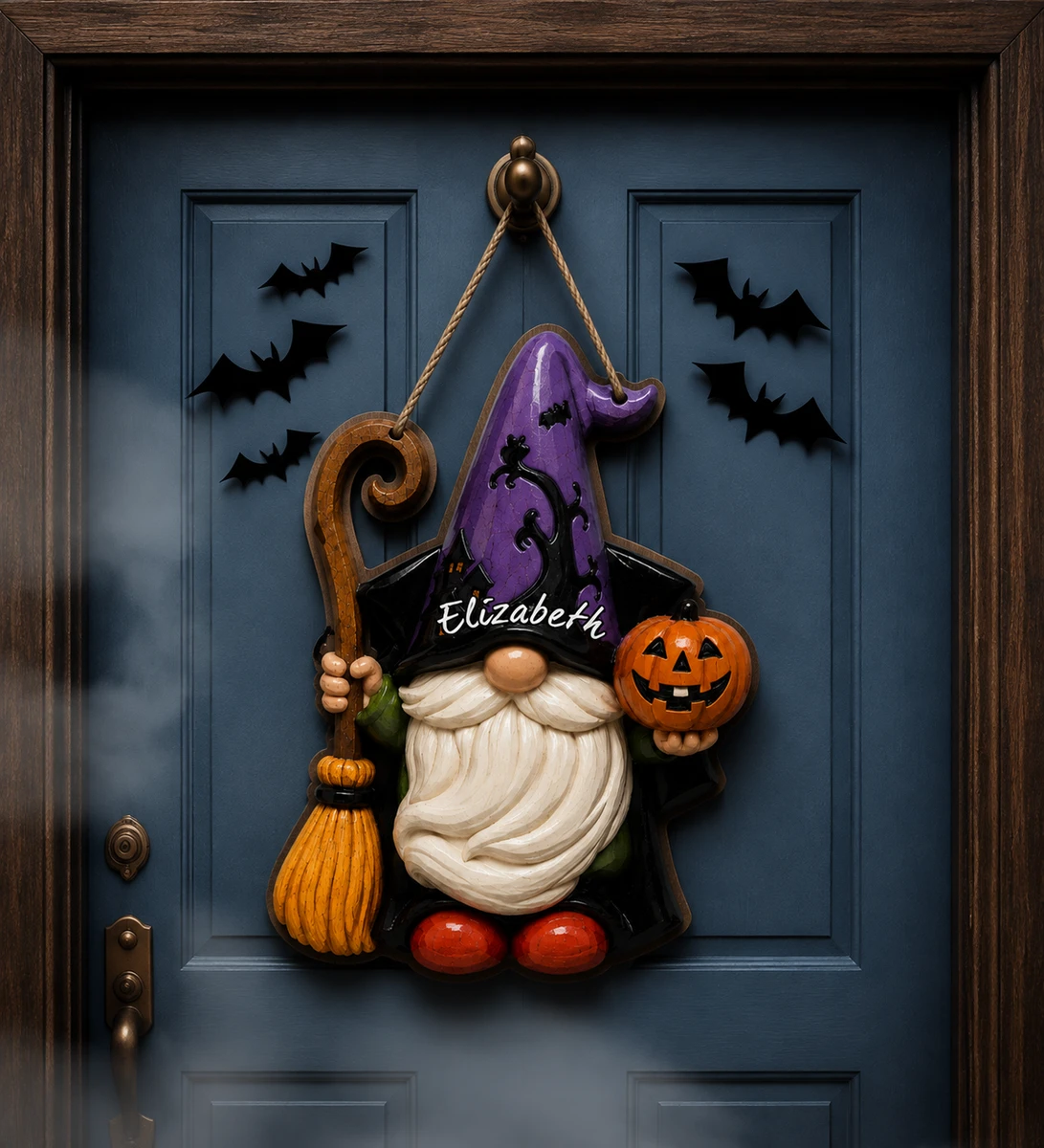 Custom Witch Gnome Door Hanger, Personalized Name Halloween Sign, Cute Pumpkin Gnome Decor, Front Door Bedroom Wall Decoration Gift