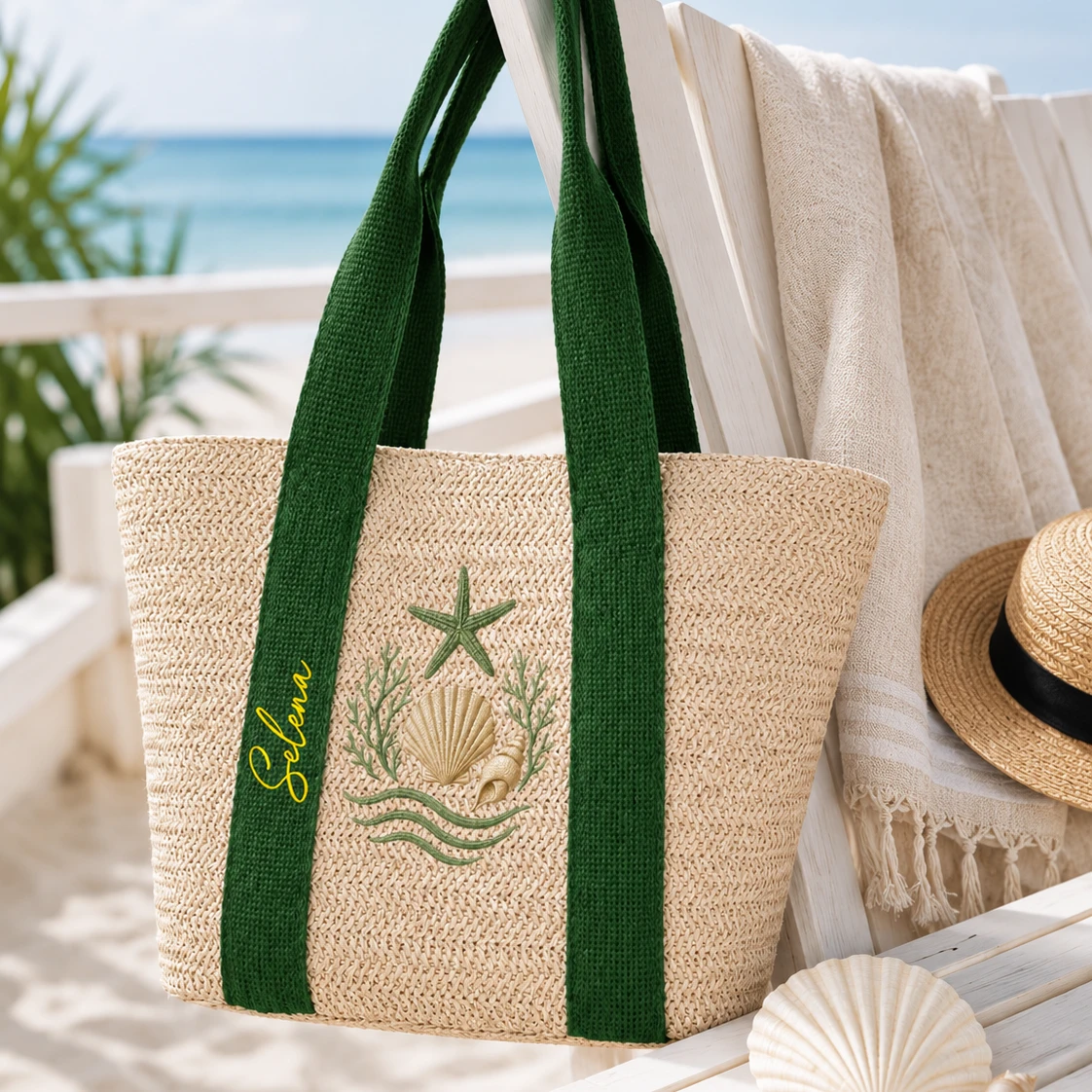 Colorful Name In Style - Personalized Straw Beach Bag