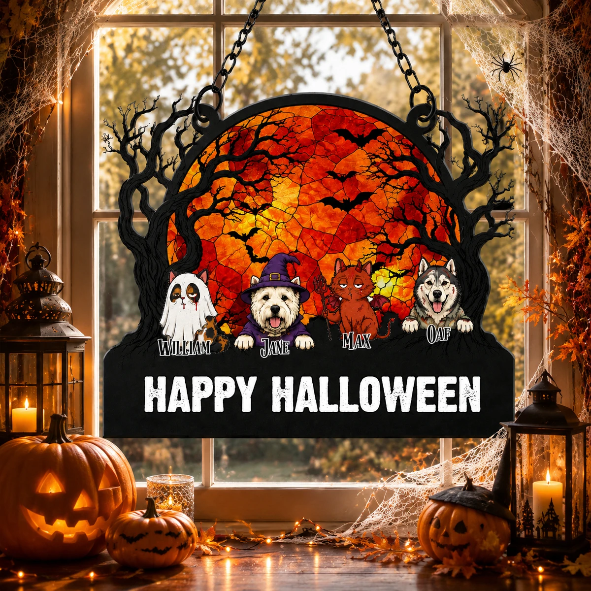 Custom Pet Halloween Themed Window Hanging Suncatcher Ornament, Personalized Dog & Cat Spooky Decor