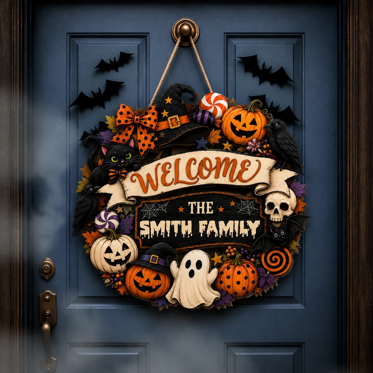 Welcome To The Smith Family Halloween Sign, Personalized Spooky Door Decor, Ghost Cat Pumpkin Witch Plaque, Unique Family Home Decoration