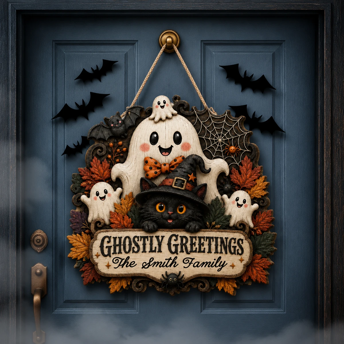 Personalized Ghostly Greetings Halloween Sign, Custom Family Name Door Plaque, Black Cat Witch Hat Ghost Decor, Unique Halloween Gift