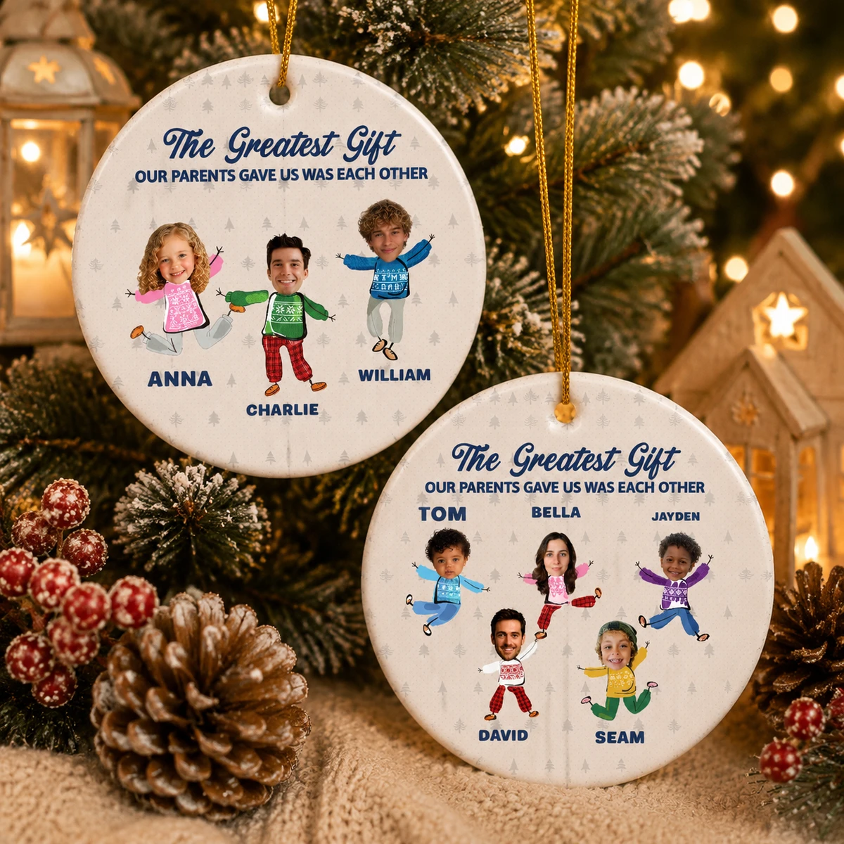 Personalized Ceramic Christmas Ornament Round Shape Custom Face Name Family Character Sweater Design Christmas Gift