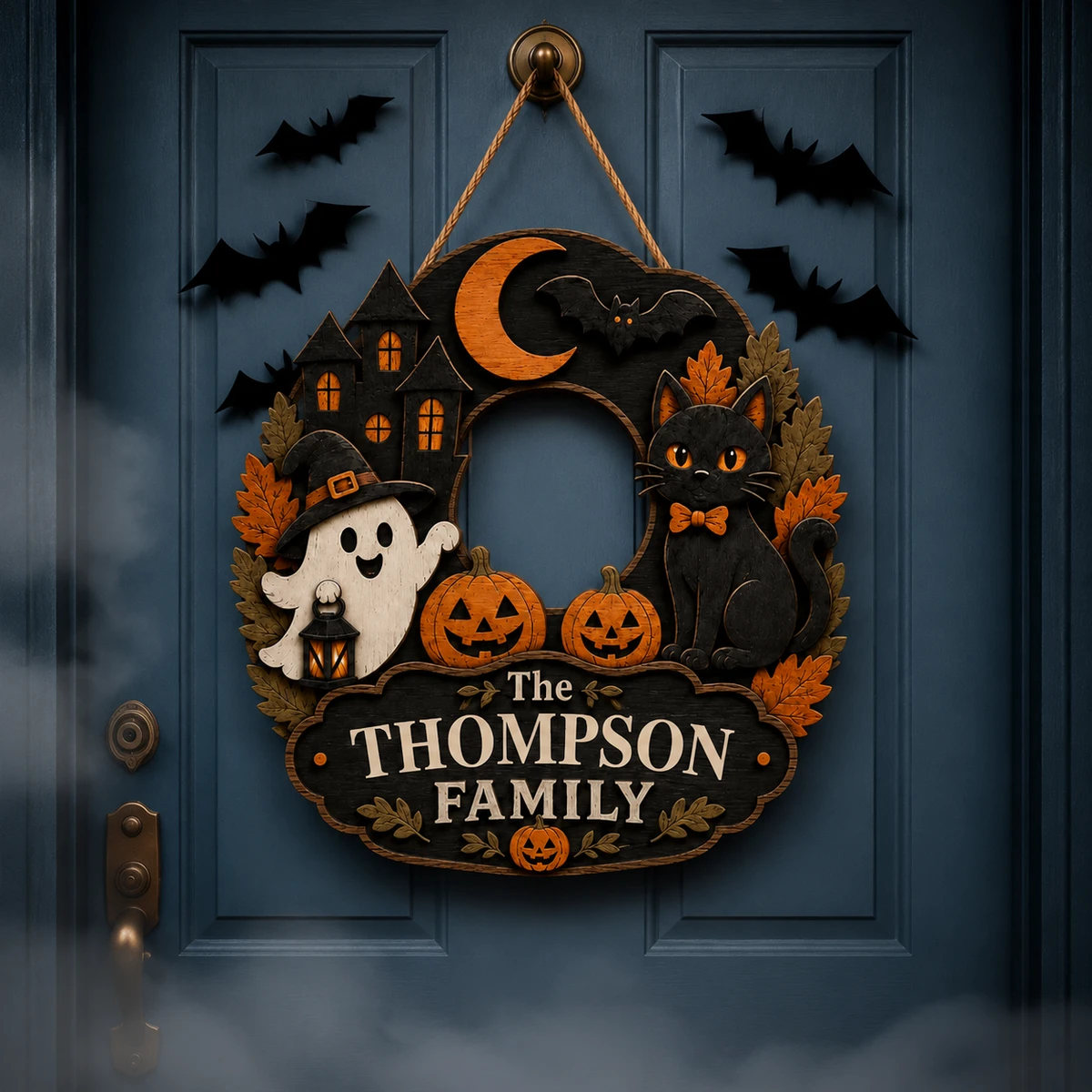 The Thompson Family Haunted Halloween Door Sign, Custom Name Gothic Cat Decor, Ghost Pumpkin Bat Plaque, Family Holiday Gift