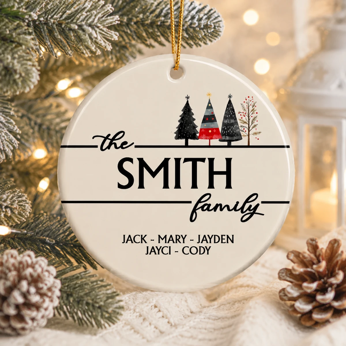 Personalized Ceramic Christmas Ornament Round Shape Custom Name Family Tree Minimalist Christmas Design Christmas Gift