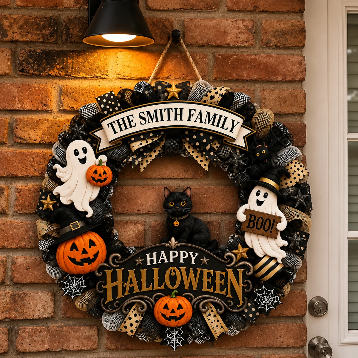 Custom Family Halloween Door Hanger, Personalized Last Name Wreath Sign, Cute Ghost Black Cat Pumpkin Decor, Gothic Fall Home Decoration