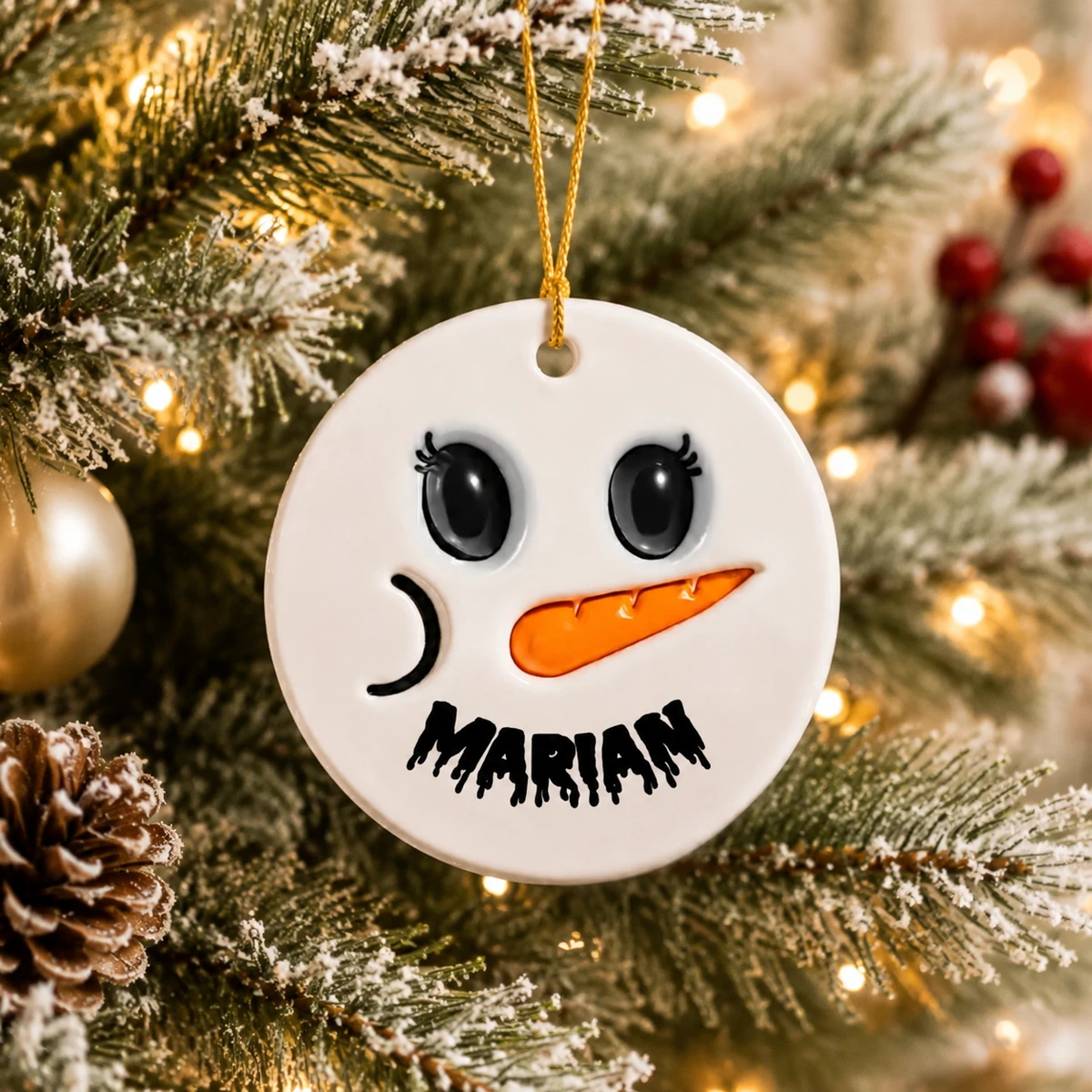 Personalized Ceramic Christmas Ornament Round Shape Custom Name Snowman Face Winter Character Christmas Gift