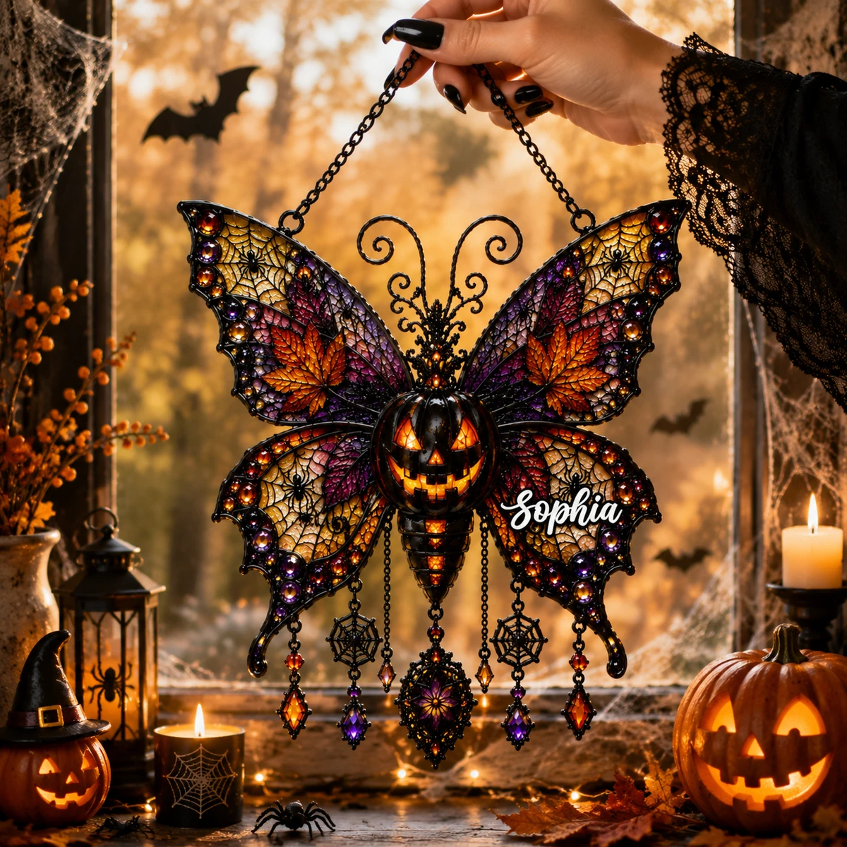 Personalized Stained Glass Look Halloween Butterfly Suncatcher, Pumpkin Window Hanging, Custom Name Spooky Fall Decor Art Gift