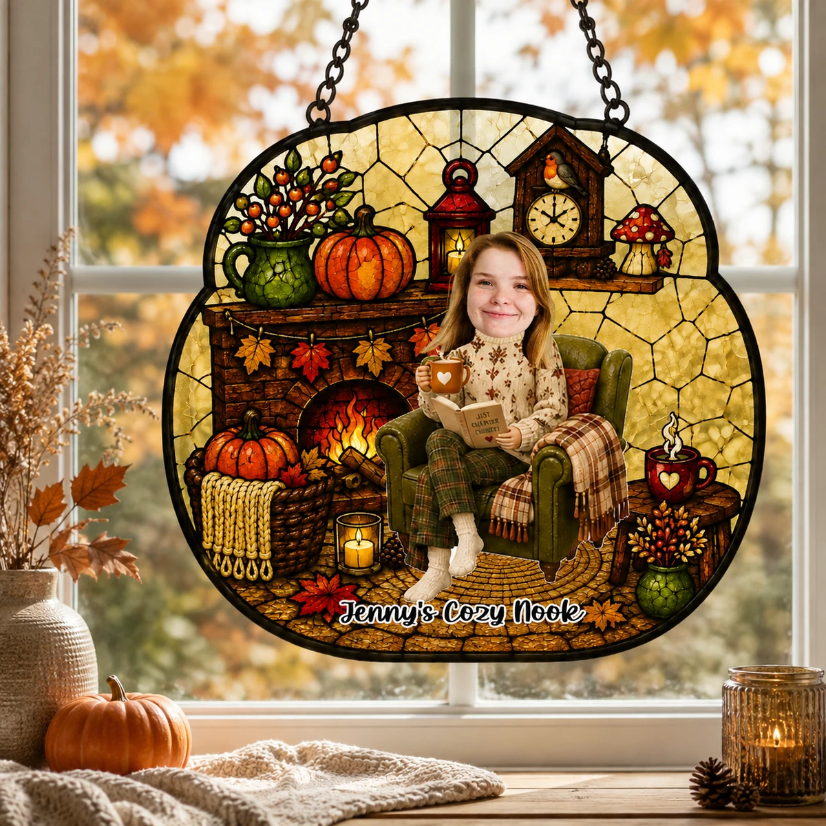Personalized Autumn Stained Glass Suncatcher, Custom Book Lover Window Hanging, Cozy Fall Reading Nook Decor, Hygge Autumn Fireplace Gift