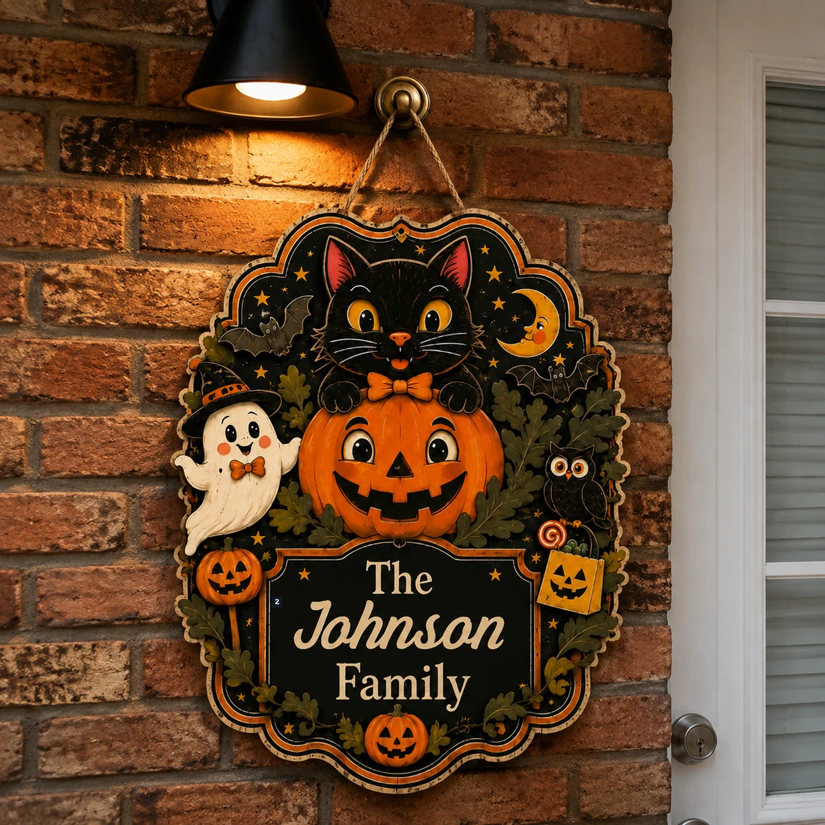 Personalized Black Cat Halloween Sign, Custom Family Name Pumpkin Door Plaque, Cute Ghost Bat Owl Decor, Gothic Fall Home Decoration