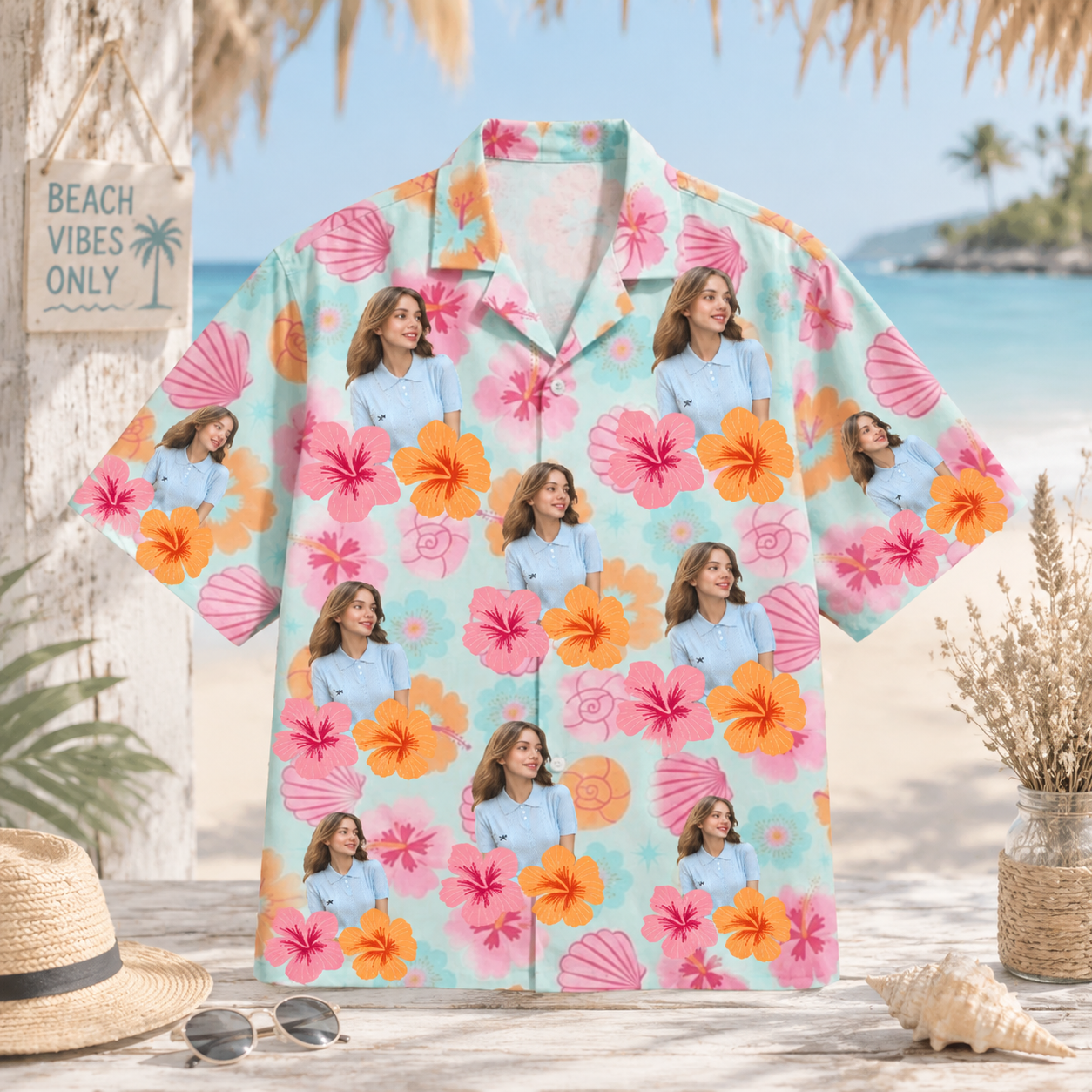Personalized Custom Photo Hawaiian Shirt Floral Shell Beach Girl Summer Vacation Gift