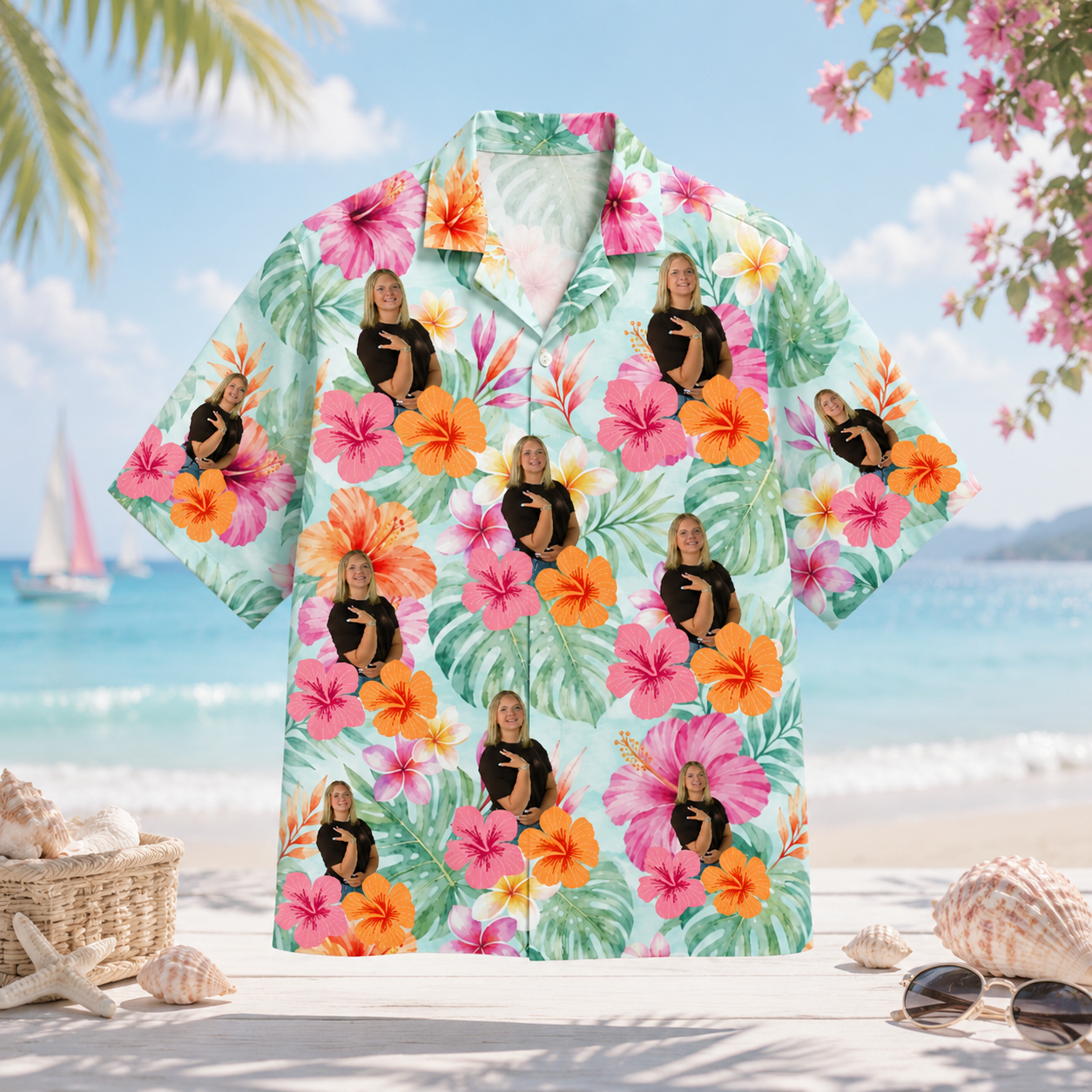 Personalized Custom Photo Hawaiian Shirt Tropical Flower Portrait Summer Vacation Gift