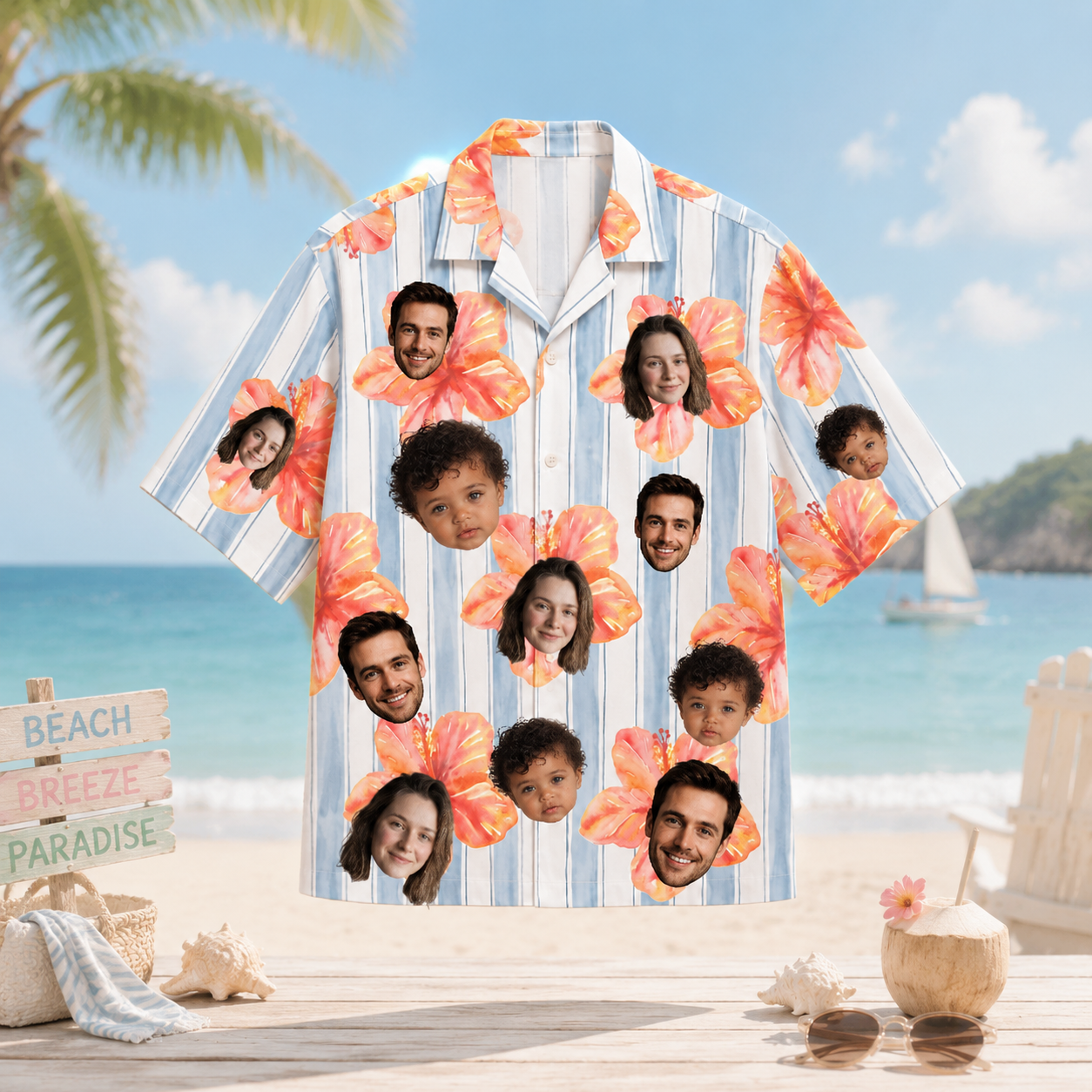 Personalized Custom Face Hawaiian Shirt Hibiscus Stripe Tropical Summer Gift