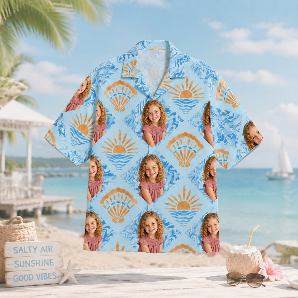 Personalized Custom Photo Hawaiian Shirt Ocean Wave Shell Tropical Vacation Gift