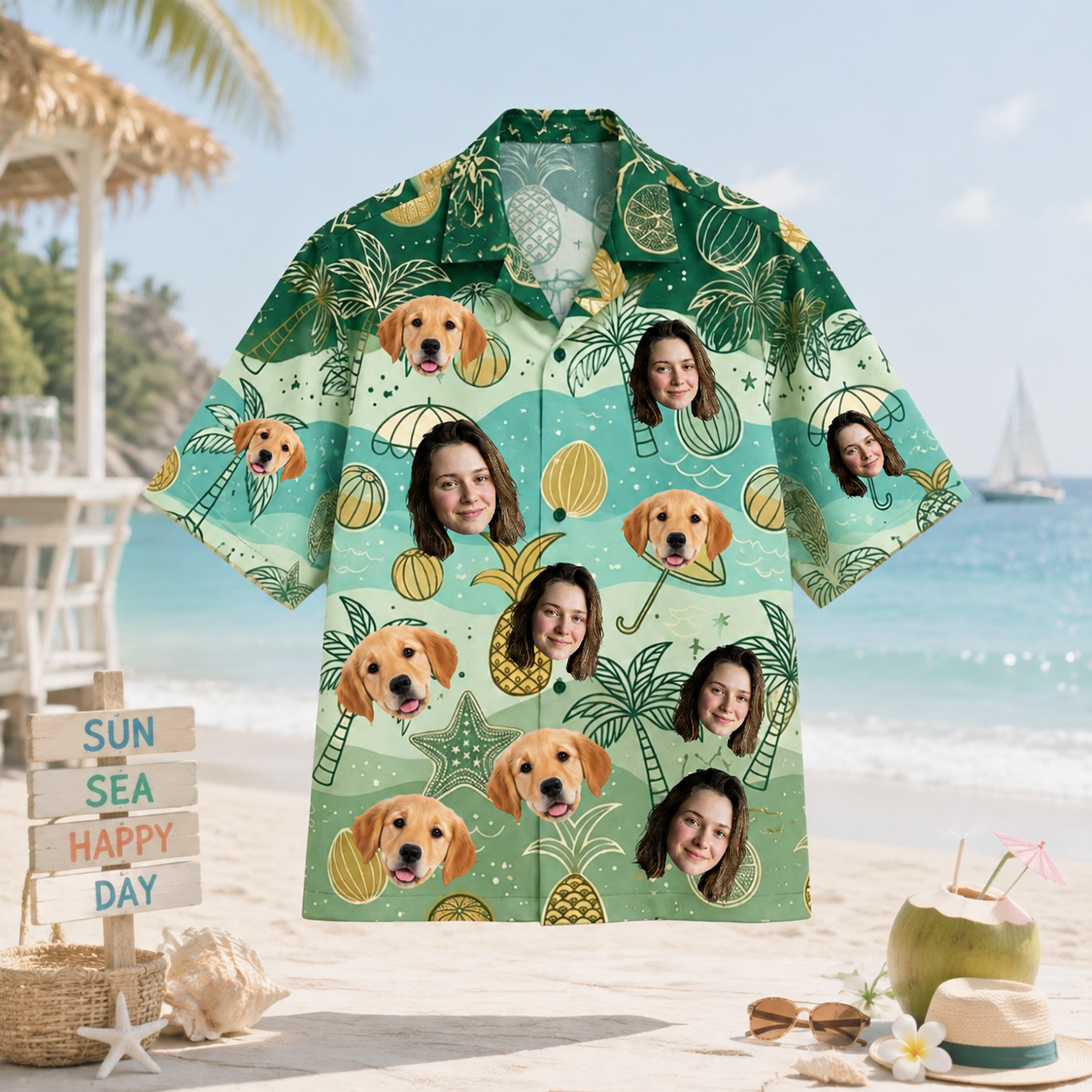 Personalized Custom Photo Hawaiian Shirt Tropical Umbrella Pineapple Human Pet Gift