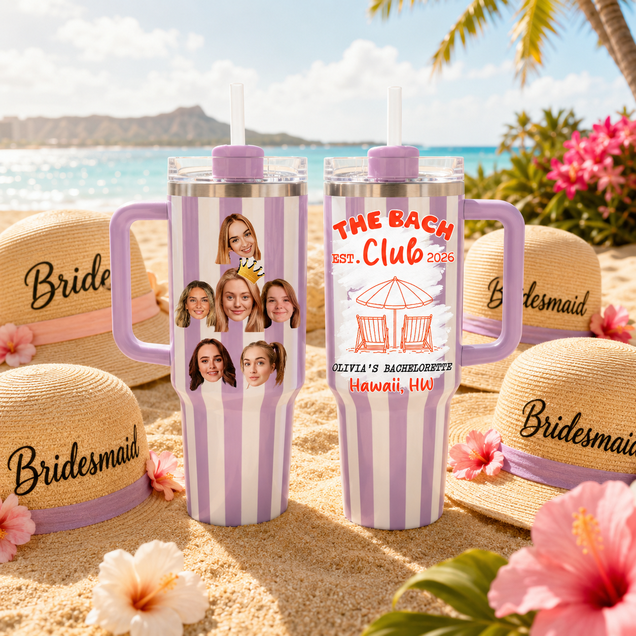 The Bach Club Striped Custom Face Personalized 40oz Tumbler Set, Beach Bachelorette Travel Mug