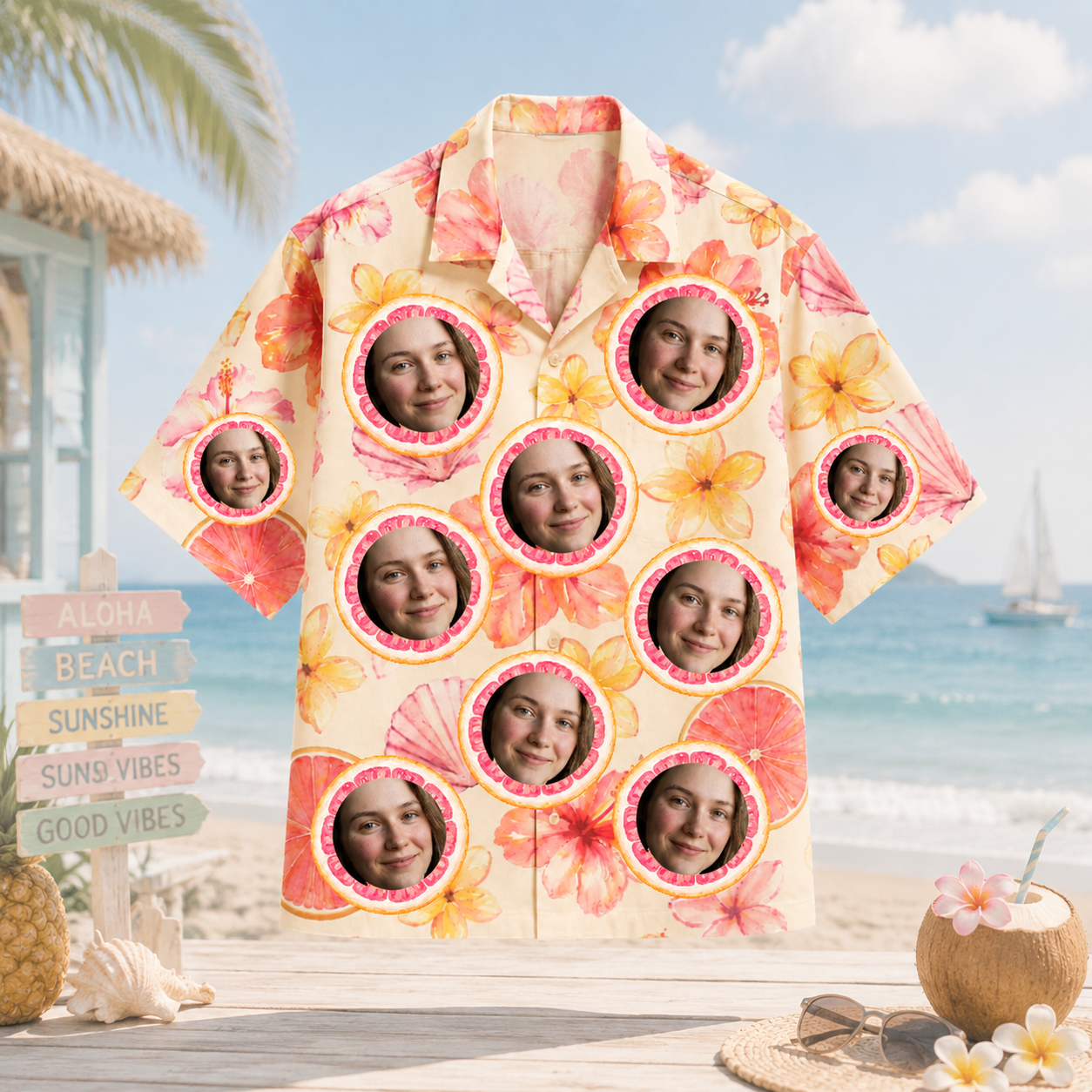 Personalized Custom Face Hawaiian Shirt Citrus Floral Tropical Summer Vacation Gift
