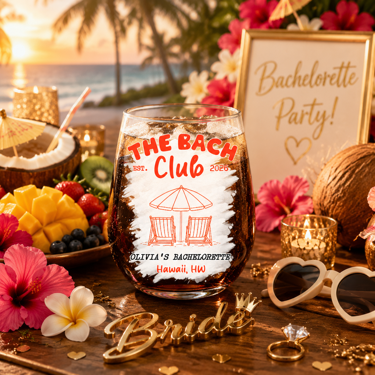 The Bach Club Personalized Eggshell Glass Cup, Beach Bachelorette Party Drinkware