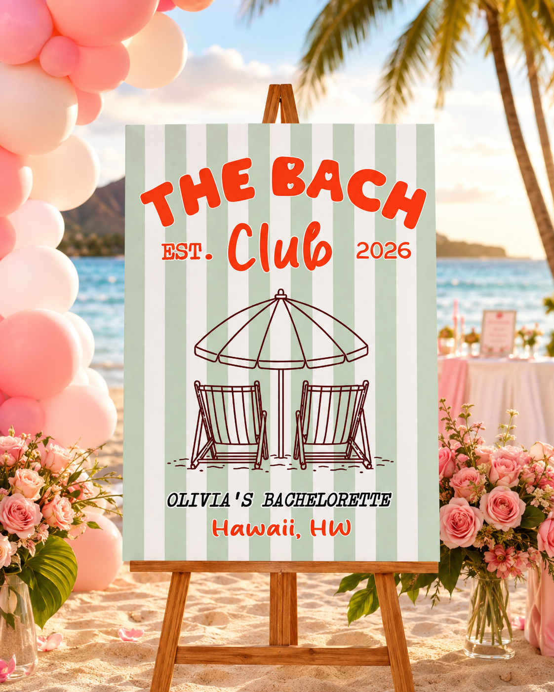 The Bach Club Striped Personalized Welcome Board Sign, Beach Bachelorette Party Decor