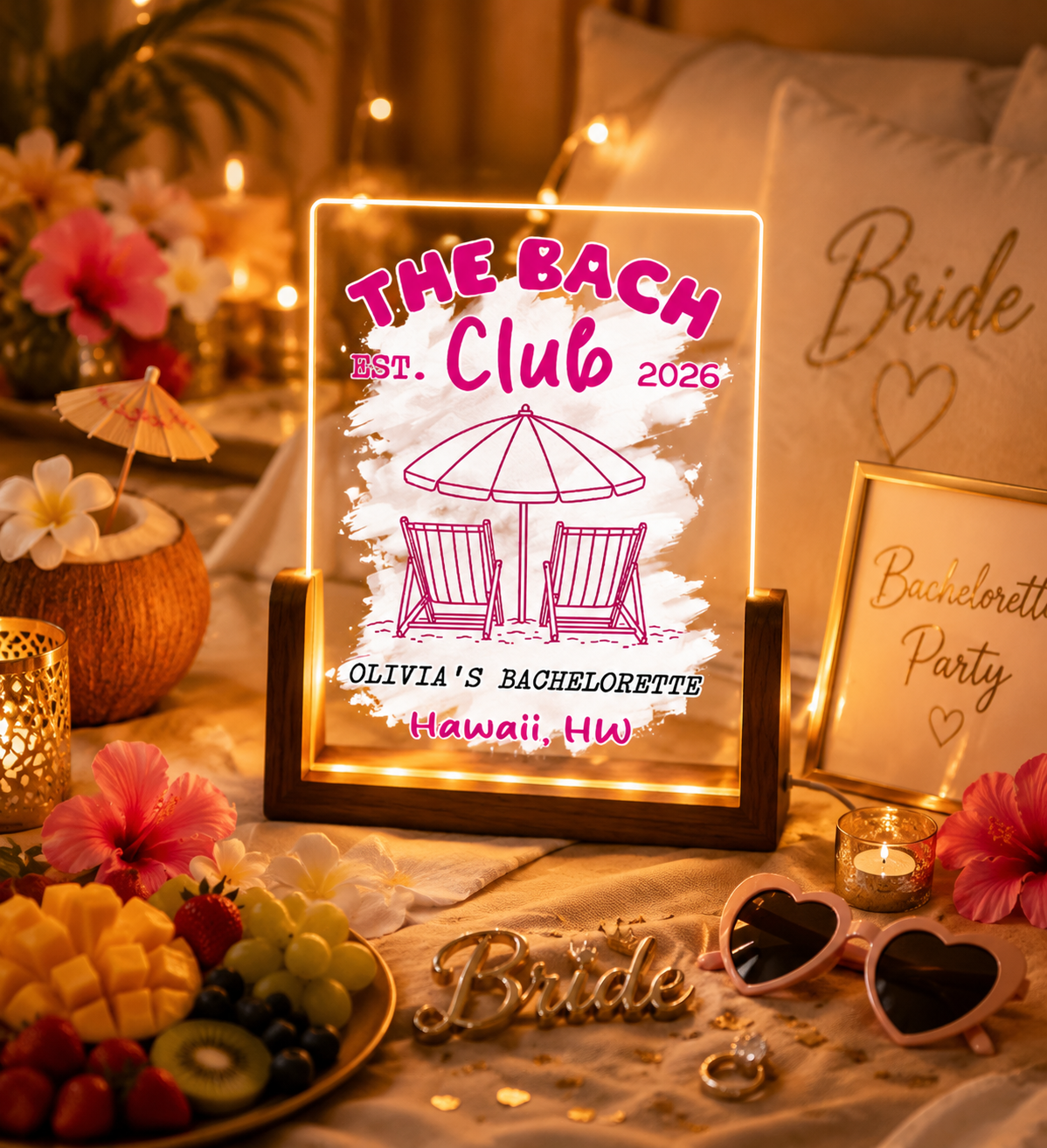 The Bach Club Beach Bachelorette Acrylic Night Light, Personalized Coastal Decor Lamp