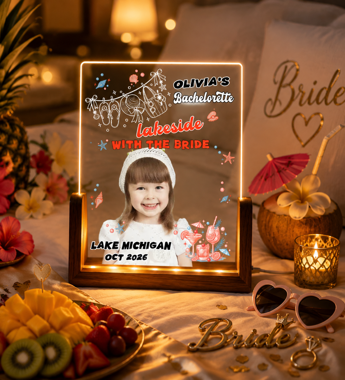 Lakeside With The Bride Acrylic Night Light, Lake Bachelorette Banner Personalized Bachelorette Welcome Sign Bachelorette Weekend Decor Bridal Party