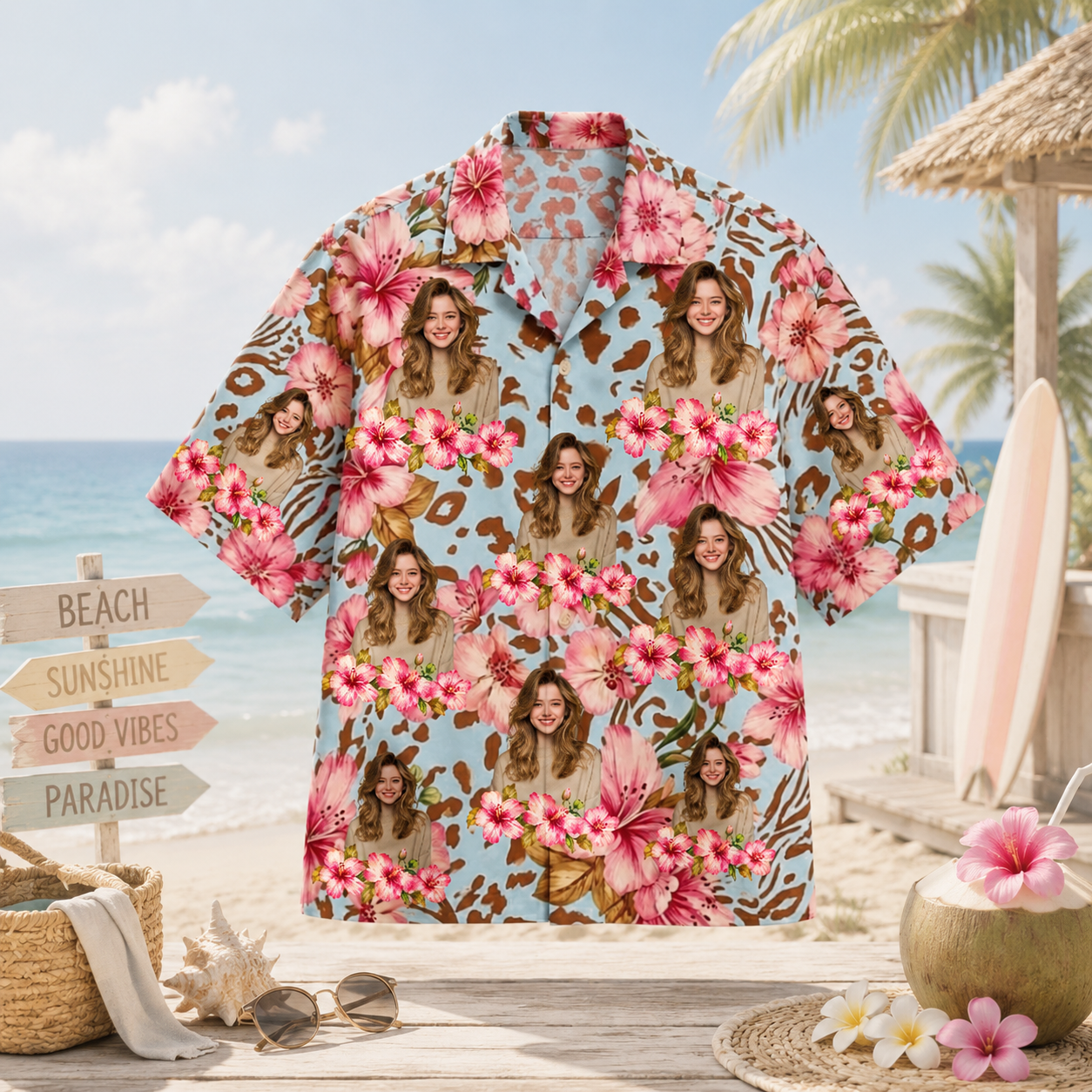 Personalized Custom Photo Hawaiian Shirt Hibiscus Floral Leopard Tropical Gift